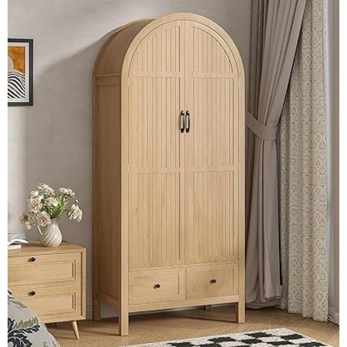 Wardrobe Closet, Armoire Wardrobe Closet with Drawers and 2 Arched Fluted Doors, 70.87‘’ Tall Wooden Bedroom Armoires with Shelves and Hanging Rod (1, Wood Color)
