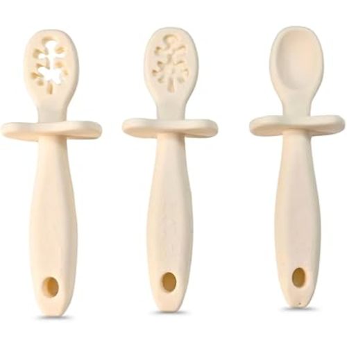 Growing Love Baby Spoons Set, Self Feeding 6 months, Pre-Spoon, Baby utensils, training spoon, cuchara bebe, blw, 100% silicone, Anti choke shield (vanilla)