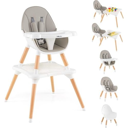 BABY JOY 6 in 1 High Chair, Convertible High Chairs for Babies and Toddlers/Booster Seat/Table and Chair Set, Infant Wooden Highchair w/ 5-Point Harness, 4-Position Removable Tray & PU Cushion (Gray)