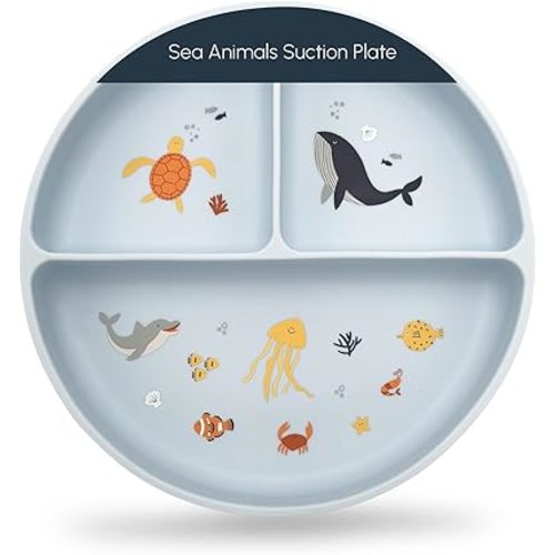 Silicone Suction Plates with Dividers - Grip Plates for Babies 6-12 Months and Toddlers 1-3, Toddler and Baby Dishes, Baby Led Weaning Essentials, Dishwasher Safe (Blue - Under the Sea)