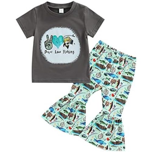 Girls Baby Items Children PAECE Love Fishing Summer Suit T Shirt Short Sleeved Flared Pants Two Newborn Baby