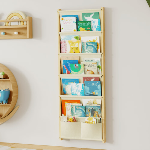 Wood 6-Tier Wall Mounted Kids Bookshelf – Floating Book Shelf For Kids Rooms,Nursery & Classroom, Hanging Bookcase Organizer For Books, Toddler Book Shelf, Montessori Bookshelf, Nursery Shelves