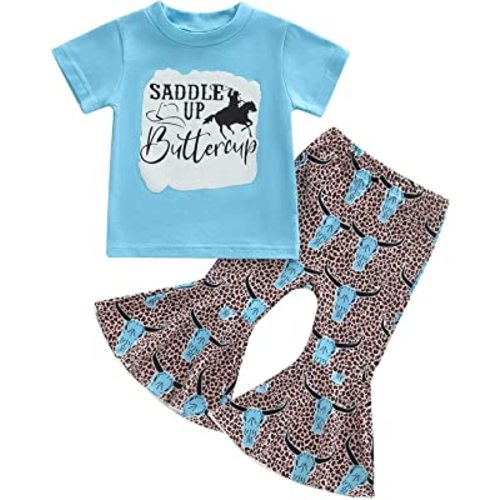 Karuedoo Western Baby Girl Clothes Bell Bottom Outfit Letter Print Short Sleeve T-Shirt Top Cow Flare Pants Outfits Set