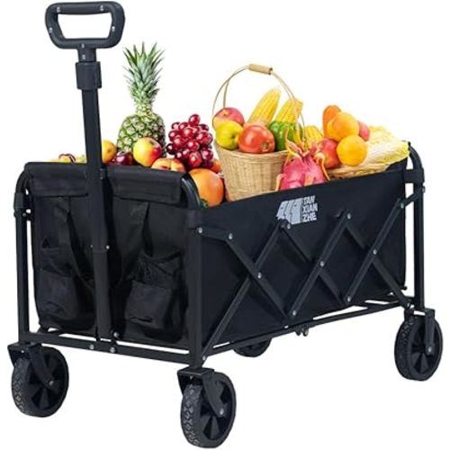 Collapsible Folding Wagon, Heavy Duty Foldable Wagon with Wheel, Lightweight Utility Grocery Wagon with 180lbs Weight Capacity for Garden, Beach, Camping Sports, Fishing (Black)
