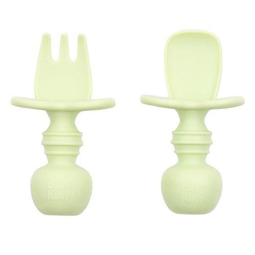 Bumkins Baby Utensils Set, Chewtensils Silicone Spoons for Dipping, Self-Feeding, Baby Led Weaning, Trainer Learning, First Stage Eating, Soft Practice Fork and Spoon, Babies 6 Months, Sage Green - Sage-SFI