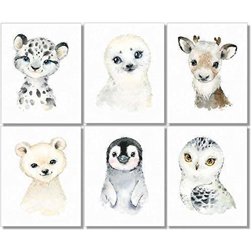 Arctic Baby Animals Wall Art Prints - Nursery Decor - Snow Theme Toddler Bedroom Decor - Set of 6-8x10 - Unframed - Watercolor