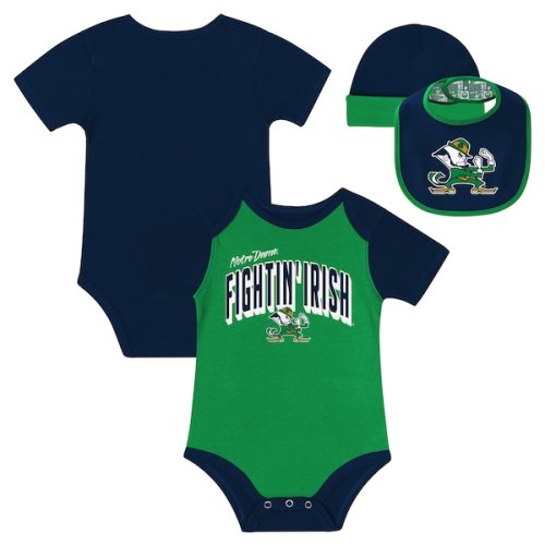 Newborn & Infant Notre Dame Fighting Irish Dynamic Duo Bodysuit, Bib & Cuffed Knit Hat Set | 0-3 months