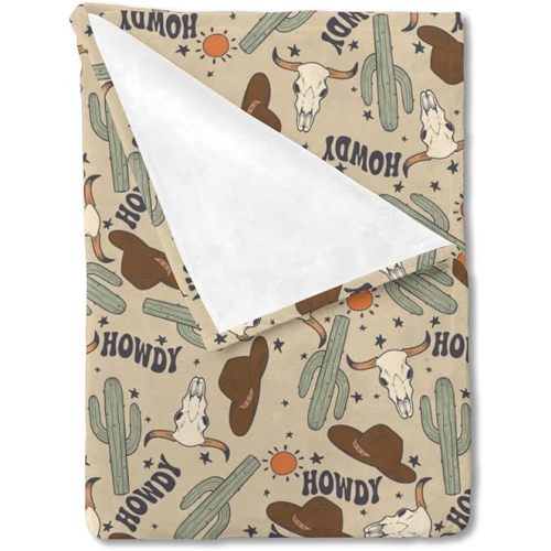 Western Cowboy Howdy Hat Cactus Baby Blanket for Boys Gift, Boho Wild West Cow Lover Sun Star Flannel Fleece Nursery Bed Blankets, Soft Warm Lightweight Newborn Infant Toddler Kid Crib Bedding 30 x 40