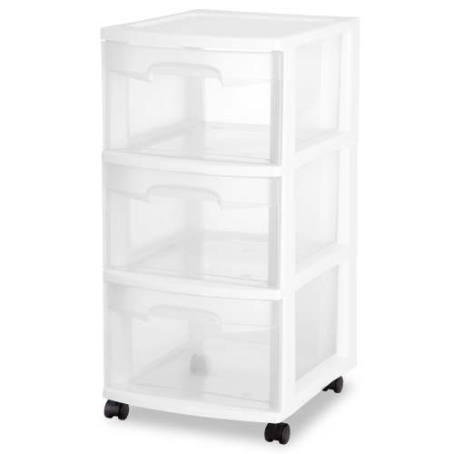 Sterilite Storage Drawer, 3 Drawer Slim Plastic Storage Cart with Clear Pull Out Drawers, White