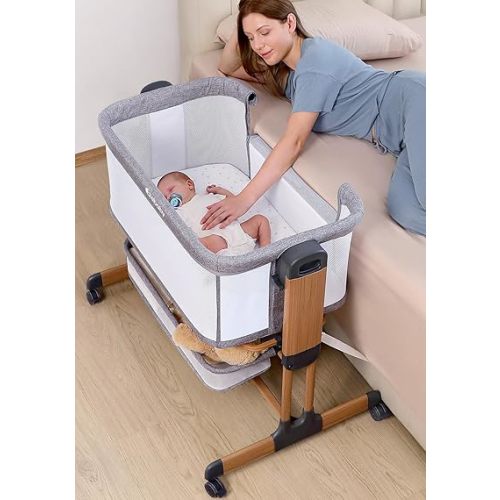 Ezebaby 3-in-1 Baby Bassinet, Rocking Baby Bassinets Bedside Sleeper, Adjustable Portable Crib for Newborn Infant with Wheels Storage Basket and Mesh Sides