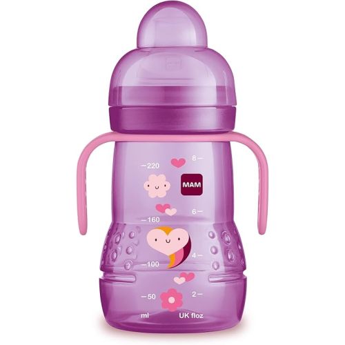 MAM Trainer Sippy Cup for Toddlers 1-3, 8 oz. Transition Drinking Cup with Extra-Soft Spout, Spill-Free Nipple, and Non-Slip Handles, for Girls 4+ Months, 1 Count
