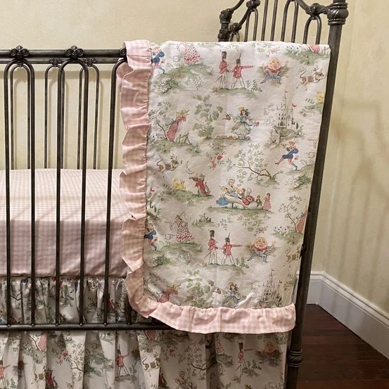 Baby Girl Nursery Rhyme Toile with Pink Gingham Crib Bedding - Just Baby Designs