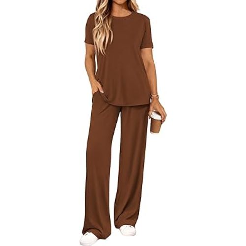 PRETTYGARDEN Spring Lounge Sets for Women 2 Piece Short Sleeve Crewneck Cute Tops and Wide Leg Pants with Pockets Pj Set