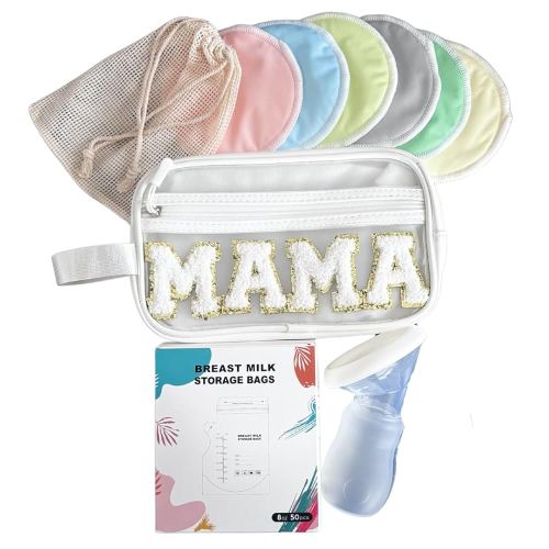 Breastfeeding Essentials Kit: Bamboo Breast Milk Pads, Silicone Manual Breast Pump, Storage Bags & Cosmetic Bag - Gift Set for New Mothers, New Mom Gift