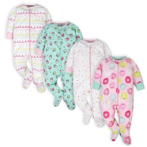 Onesies Brand Baby Girls' Long Sleeve Footed Sleepers, 4-pack, Sweet Treats, 0-3 Months