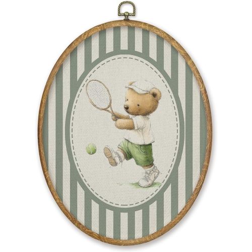 CGBHW Tennis Bear Nursery Oval Wall Art Decor, Sports Nursery Canvas Prints Framed, Green Striped Bear Playing Tennis Sports Wall Art Hanging Decor for Home Kitchen Kids Boys Room Bedroom Playroom, 8.6x11.4 Inch