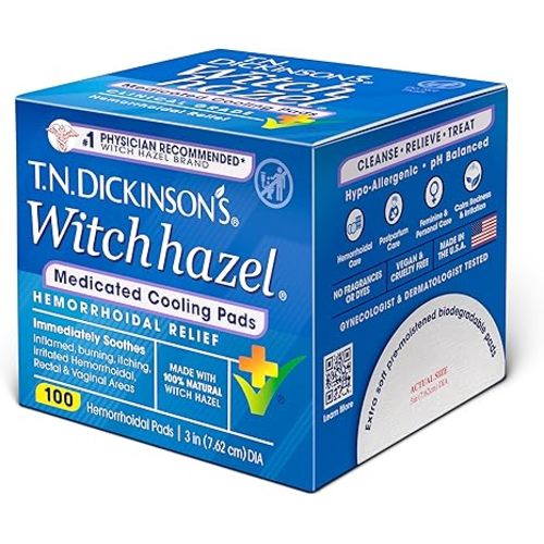 T.N. Dickinson’s Medicated Cooling Pads with Witch Hazel and Aloe | Hemorrhoid Treatment, Postpartum Care, Feminine & Rectal Relief | 100 Rounds