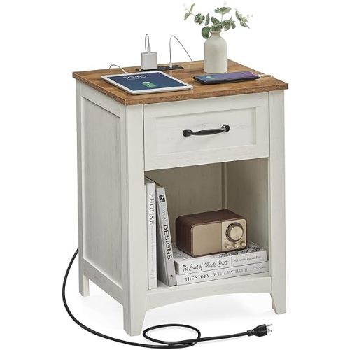 VASAGLE LIRY Collection - Farmhouse Nightstand with Charging Station, Bedside Table, Side Table with Drawer, Open Compartment, for Bedroom, Rustic White and Honey Brown ULET659K41