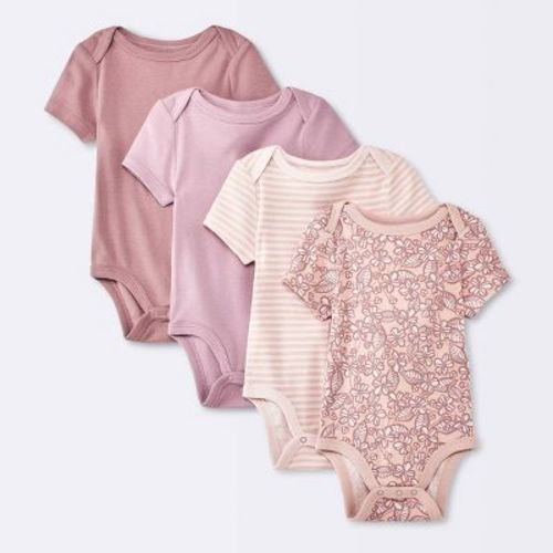 Baby Girls' 4pk Floral Short Sleeve Cotton Bodysuit - Cloud Island™ Pink 0-3m