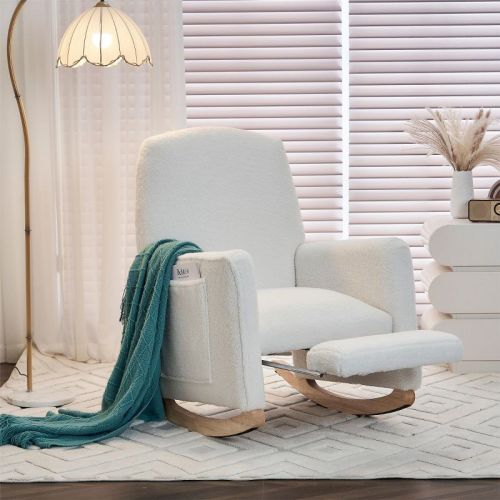 Modern Wooden Rocking Lounge Chair,ivory Teddy Fabric Rocking Chair With Pockets,comfy Accent Arm Chair With Solid Wood Legs,leisure Chairs-cuddlewood