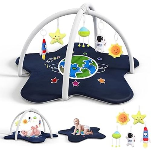 Primo Lines Baby Play Gym Mat,Oversize Tummy Time Mat with 5 Detachable Toys for Sensory&Motor Skill Development,Soft Plush Baby Activity Playmat Newborn Toddler Infant Essential