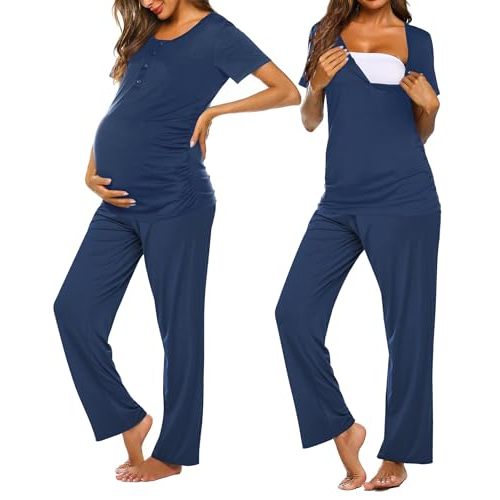 Ekouaer Women's Maternity Nursing Pajamas Sets Breastfeeding Printed Sleepwear Short Sleeve 2 Pcs Henley Top and Pants Set