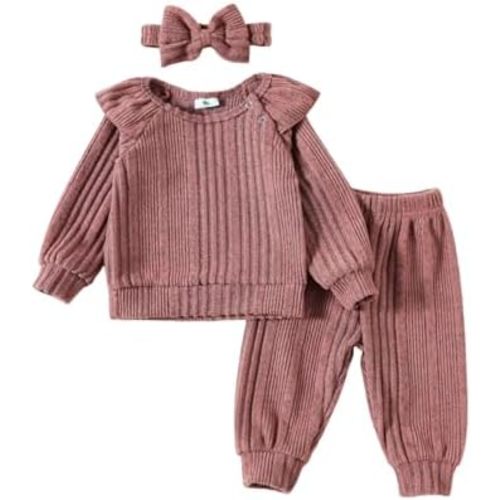 Baby Girl Ruffle Long Sleeve Sweatshirt Pants Set with Headband Infant Toddler Spring Fall Outfits Clothes Set