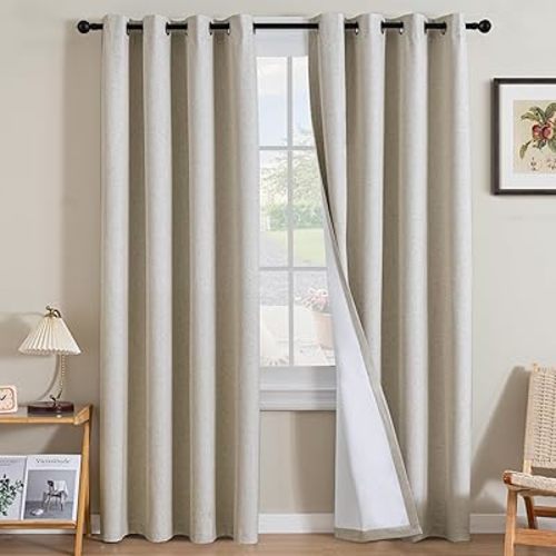 H.VERSAILTEX Linen Curtains 100% Blackout Curtains for Bedroom 84 inch Long Full Light Blocking Nature Linen Blended Window Curtains for Living Room Nickel Grommet (2 Panels, Heathered Linen)