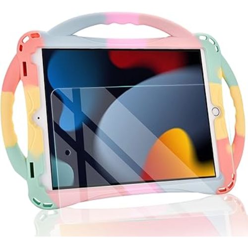 TopEsct Kids Case for iPad 10.2 inch - Shockproof Silicone Cover with Tempered Glass Screen Protector and Strap - Compatible with iPad 9th/8th/7th Gen (2021)"(Rainbow)