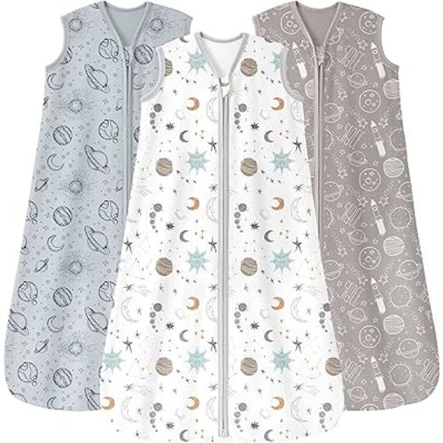 Baby Sleep Sack 0-6 Months 3 Pack 100% Cotton Lightweight 0.5 TOG Wearable Blanket Baby Sleep Bag with 2-Way Zipper for Newborn Infant White Gray Blue Space