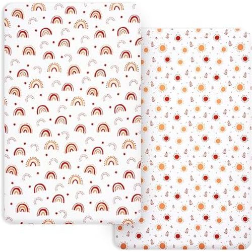 PHF Soft Mini Crib Sheet Set, 2 Pack Silky Comfy Pack N Play Sheets for Boys Girls, Universal Fit for Pack N Play, Playard and Mini Crib Mattresses, Rainbow