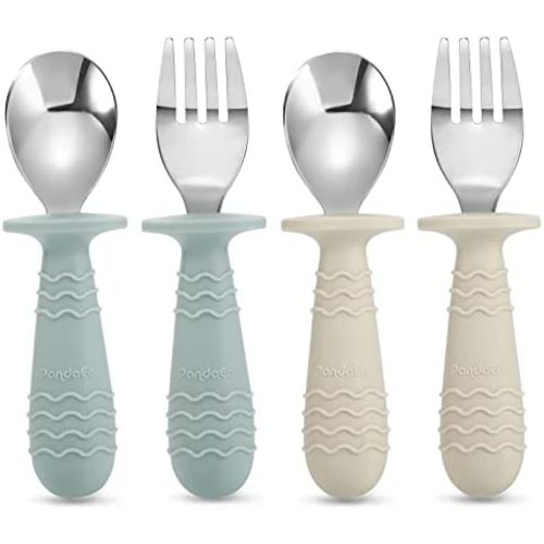 PandaEar 4 Set Baby Toddler Silicone Stainless Steel Utensils Silverware Spoon Fork for Baby Toddler BPA Free with Silicone Holding Anti-Choke Design