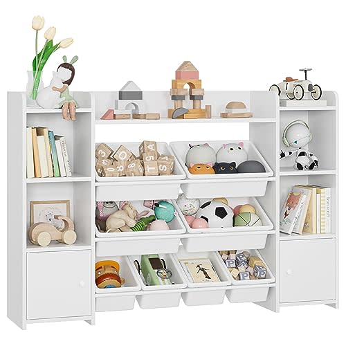 FOTOSOK 55''Large Toy Storage Organizer with 8 Toy Bins, Toy Organizers and Storage with Shelf and 6 Storage Cubbies, Bookshelf for Kids, Playroom Organization and Storage Bins, White