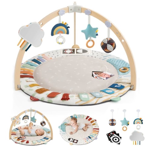 Blissful Diary Baby Play Gym & Activity Mat, 5 Developmental Zones Wooden Tummy Time Mat with 6 Detachable Sensory Toys for Motor Skills & Sensory Development, Baby Essentials Shower Gift