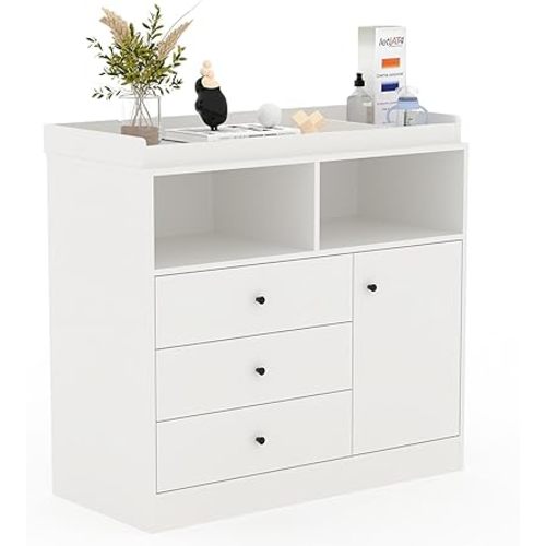 Nursery Dresser with Changing Table Top - Tall Wooden Diaper Changing Station with 2 Open Shelves, 3 Drawers, and 1 Cabinet, Ideal for Children's Room, White