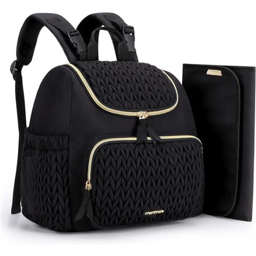 mommore Diaper Bag Small Diaper Backpack Stylish Baby Maternity Bags Travel Backpacks with Insulated Pockets, Changing Pad, Stroller Straps - Black