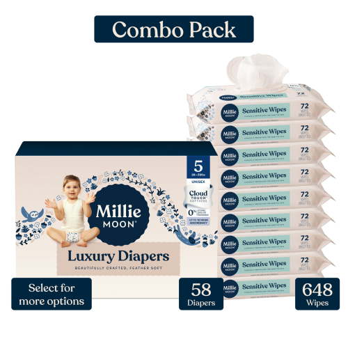 Millie Moon Luxury Diapers, Size 5, 58 Count, and Millie Moon Sensitive Baby Wipes, 9 Pack, 648 Wipes (Select for More Options)