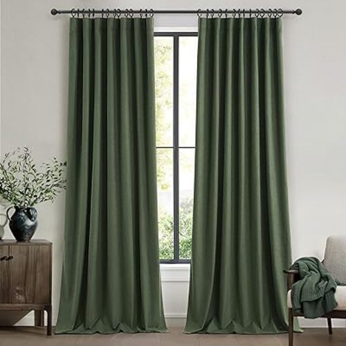 Dark Green Curtains 84 Inches Long, Blackout Spring Curtains for Living Room Cooling Heat Reflective Linen Look Vintage Drapes for Bedroom Back Tab Pleated (Olive,2Panels W50 xL84)