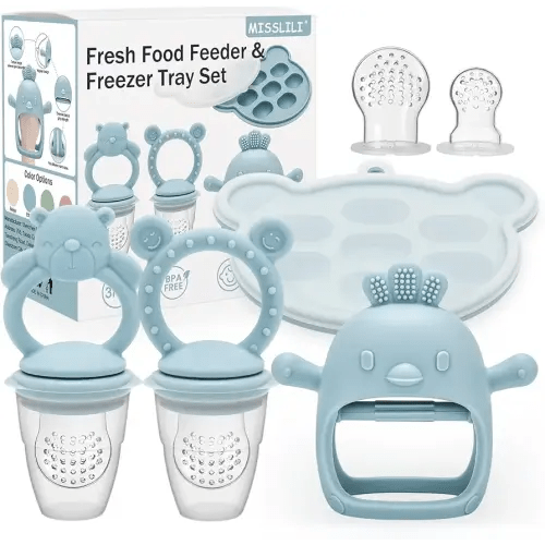 Lot de 4 moufles de dentition en silicone pour bébés avec mangeoire à fruits et plateau de congélation, sans BPA, jouet anti-dentition pour bébé de 3 mois et plus, sacs en silicone supplémentaires