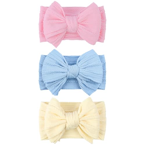 LemonSpace Handmade Baby Girls Headbands Soft Stretchy Nylon Hair Bands Hair Accessories with Bows for Newborn Baby Girls Infant Toddlers Kids(Light Pink Blue Yellow mix)