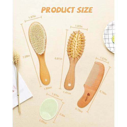Lictin Baby Hair Brush and Comb Set, 4 Pcs Newborn Hair Brush with Soft Bristle, Natural Goat Hair and Wood Baby Cradle Cap Comb for Newborns & Toddlers, Newborn Baby Essentials, Perfect Registry Gift - 4 PCS