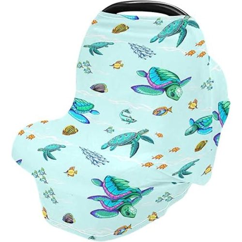 Fish Coral Sea Turtle Baby Car Seat Covers Colorful Sea Turtle Carseat Canopy Soft Infant Stroller Cover Nursing Breastfeeding Covers for Girls Boys Newborn Fit Summer Spring Autumn