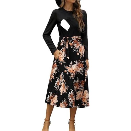 Women Nursing Dress Long Sleeve Floral Patchwork Ribbed Pregnancy Tie Waist Work Outfits with Pockets