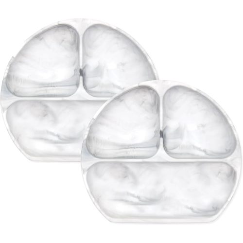 Bumkins Toddler and Baby Suction Plate, Silicone Divided Grip Dish for Babies Kids, Baby Led Weaning, Children Feeding Supplies, Non Skid Sticky Bottom, Age 6 Mos Up, 2pk Marble