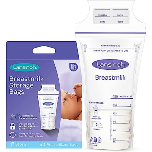 Lansinoh Breastmilk Storage Bags, 50 Count, 6 Ounce, Easy to Use Milk Storage Bags for Breastfeeding, Presterilized, Hygienically Doubled-Sealed, for Refrigeration and Freezing - 50.0