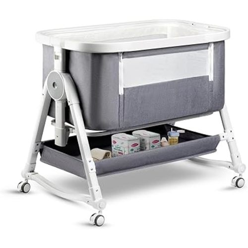 4 in 1 Baby Bassinet, Bassinet Bedside Sleeper with Wheels and Storage Basket, Adjustable 7 Heights Bedside Sleeper with Mosquito Net, Breathable Mesh Rocking Bassinet for Baby/Newborn