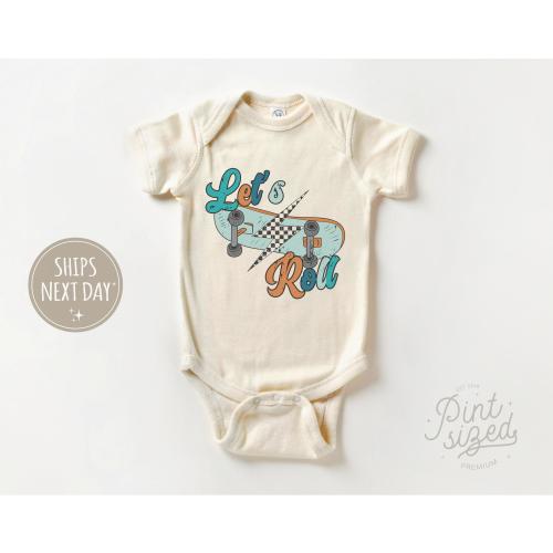 Let's Roll Baby Boy Onesie® - Retro Skateboard Bodysuit - Boys Natural Onesie®