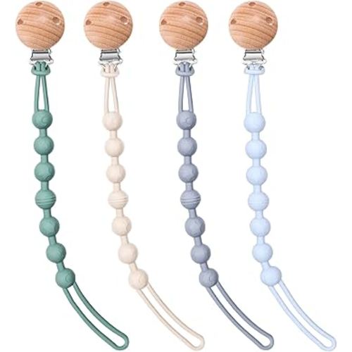 4-Pack Silicone Pacifier Clip Holder, Soft Flexible Binky Clips, Food Grade Silicone Pacifier Strap with Clip, Teethers Toys Clips, for Baby Boy and Girl,One Piece Design
