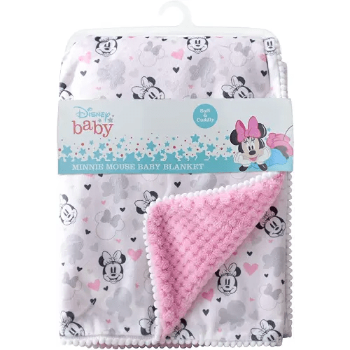 Cudlie Disney Baby Girl Minne Mouse Double Sided Baby Blanket with Printed Mink Waffle Fleece Backing & with Pom Edge(30X40)