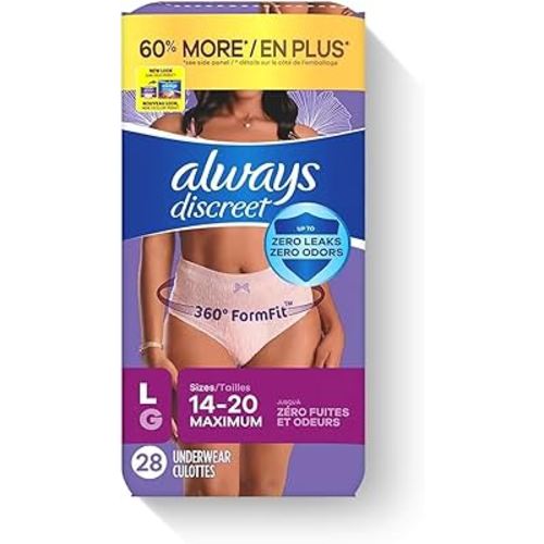 Always Discreet Adult Incontinence Underwear for Women and Postpartum Underwear, Size L, Up to 100% Bladder Leak Protection, 28 Count